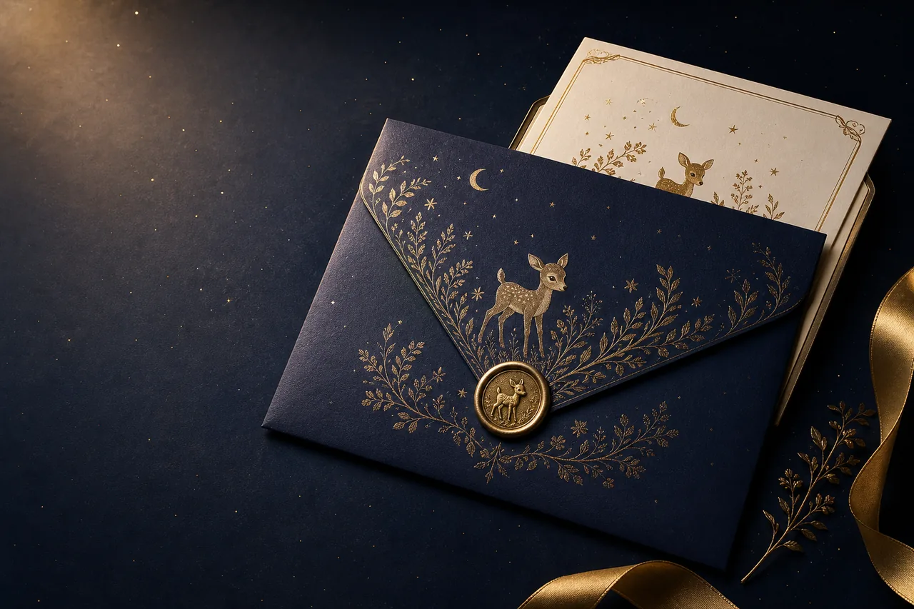 Concept for a grand Blessed Fables invitation in a substantial navy and gold envelope