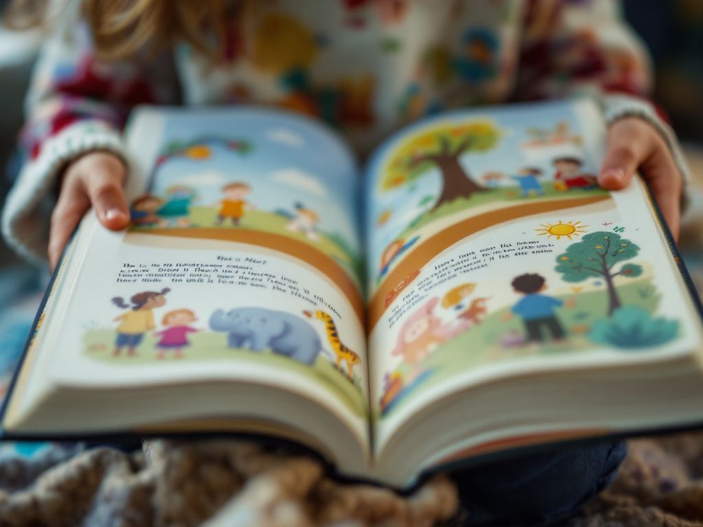 A child's hands holding an open printed Blessed Fables book