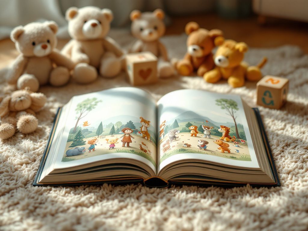 An open printed Blessed Fables book with toys around it